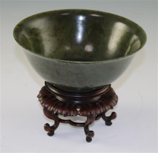 A Chinese spinach green jade bowl, 18th century, diameter 19cm, wood stand